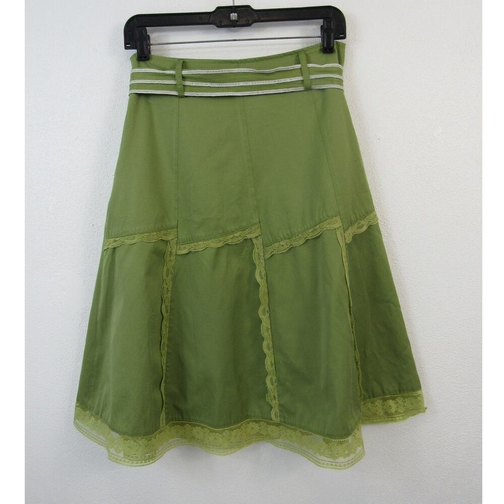 MOA USA Medium Green Knee Length Skirt Ruffled Lace Hem Belt Y2K A-Line Skirt